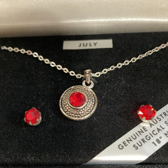 Australian Crystal JULY Ruby Birthstone Earrings and 18 inch Necklace Set - Picture 3 of 8